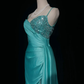 Spaghetti Straps Teal Prom Dress Sweetheart Neck Satin Hand Beaded High Slit Formal Gown gh9551