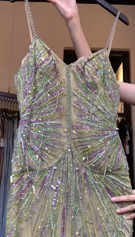 Light Mint Green Iridescent Sequin Mermaid Long Evening Gown Spaghetti Straps Prom Dress gh9844