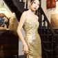 Gold Sequined Satin Mermaid Long Evening Gown Strapless Sweetheart Prom Dress gh9851