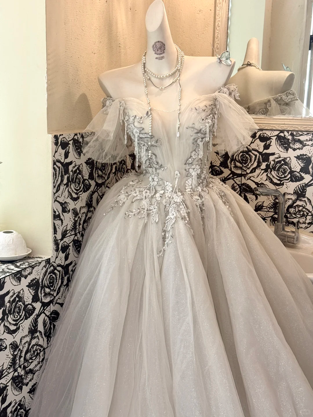Ivory Off-Shoulder Waist-Cinched Embroidered Vintage Elegant Full Flared Romantic Dress, Wedding Gown gh7511