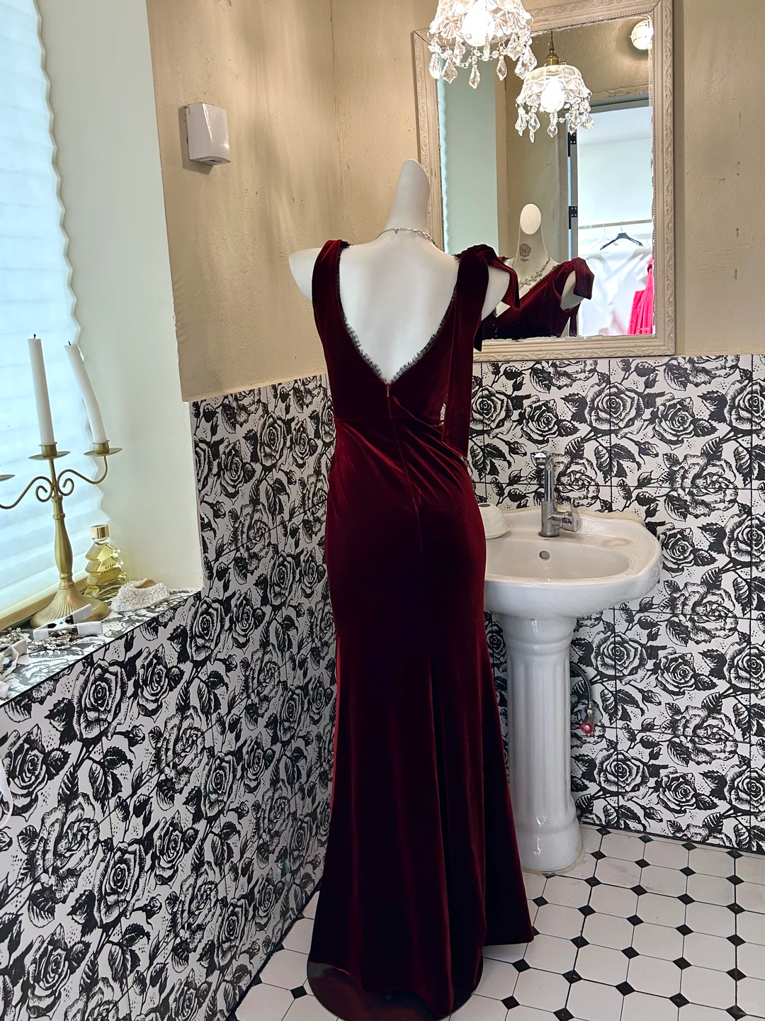 Burgundy V-Neck Waist-Cinched Mermaid Sexy Long Romantic Dress, Wedding Gown gh7605