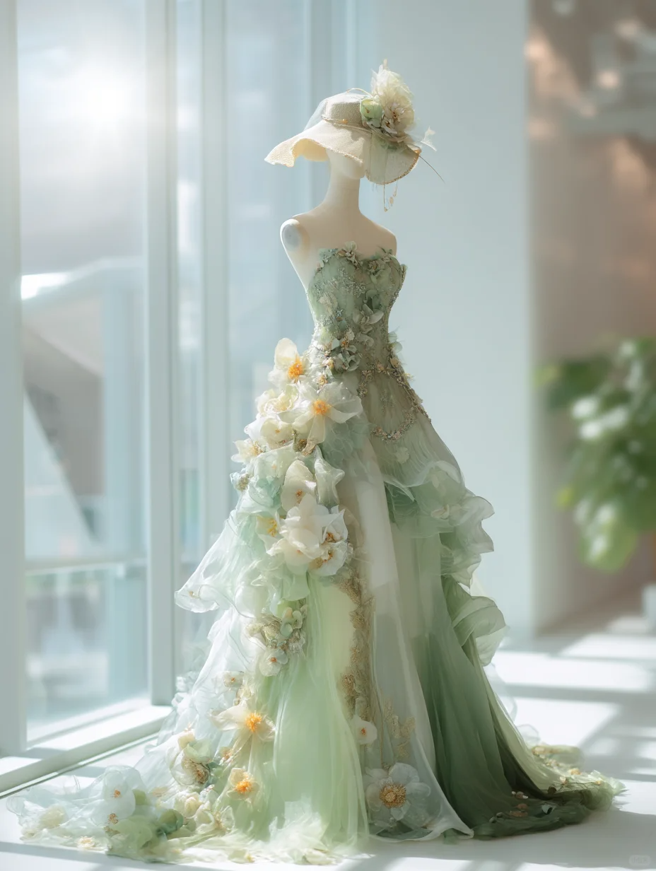 ✨Girlhomeshops-Strapless Ombre Green Tulle Evening Gown, 3D Flower Decor, Long Train, Fairy Prom Dress gh10493