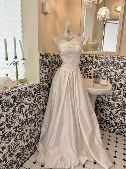 White Satin Strapless Cinched Waist Full Flared Skirt Long Premium Romantic Dress, Wedding Gown gh7795