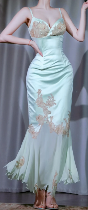 ✨Girlhomeshops-Mint Green 3D Floral Lace Spaghetti Strap Midi Mermaid Party Dress gh10028