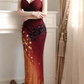 Women Gradient Burgundy Orange Mermaid Evening Gown Spaghetti Straps Hand-Beaded Sequin Floral Long Formal Dress for Prom gh9568