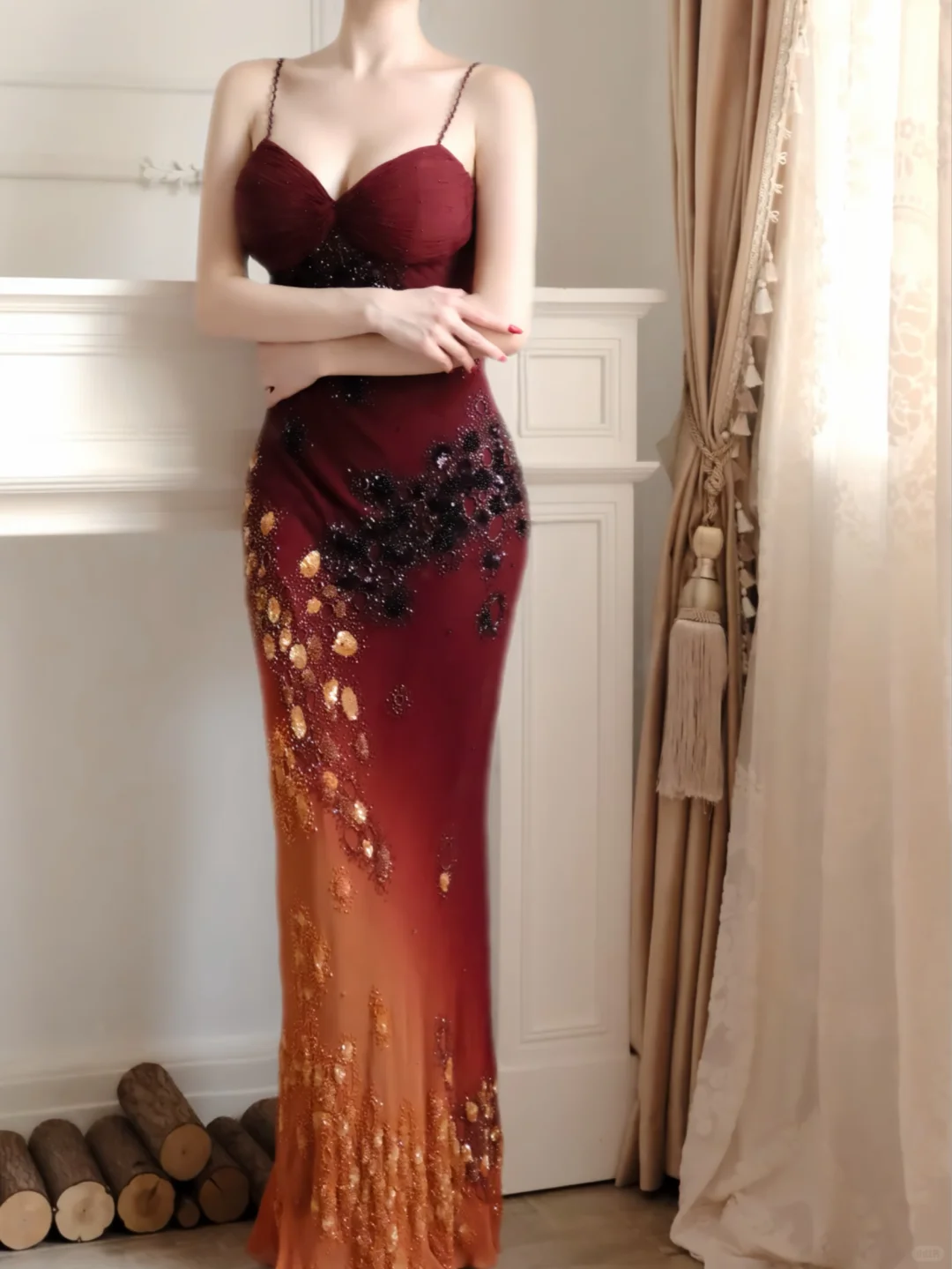 Women Gradient Burgundy Orange Mermaid Evening Gown Spaghetti Straps Hand-Beaded Sequin Floral Long Formal Dress for Prom gh9568
