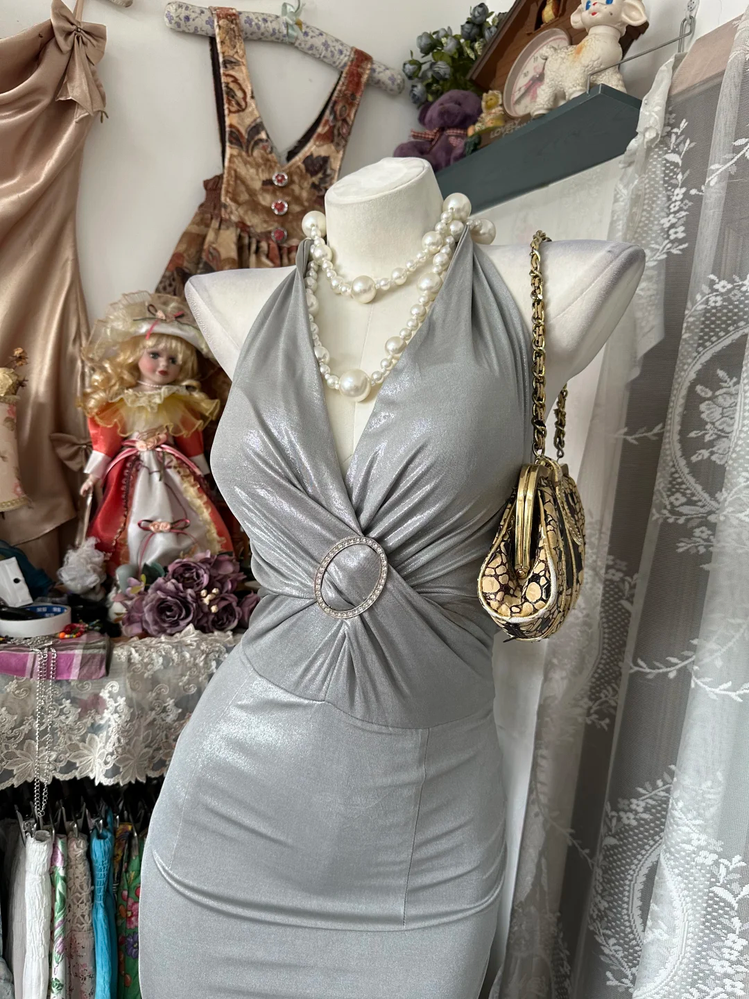 Light Gray Halter Spaghetti Strap Fitted Waist Retro Long Ball Gown Evening Dress gh7116