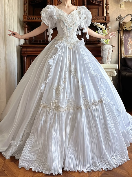 Ivory Vintage Rococo Ball Gown, V‑Heart Neckline, 3D Floral Puff Short Sleeves With Tassels, Heavy Beaded Lace Embroidery Fitted Waist, Ruffle Trim Pleated Long Train Prom Gown, Wedding Dress gh8625