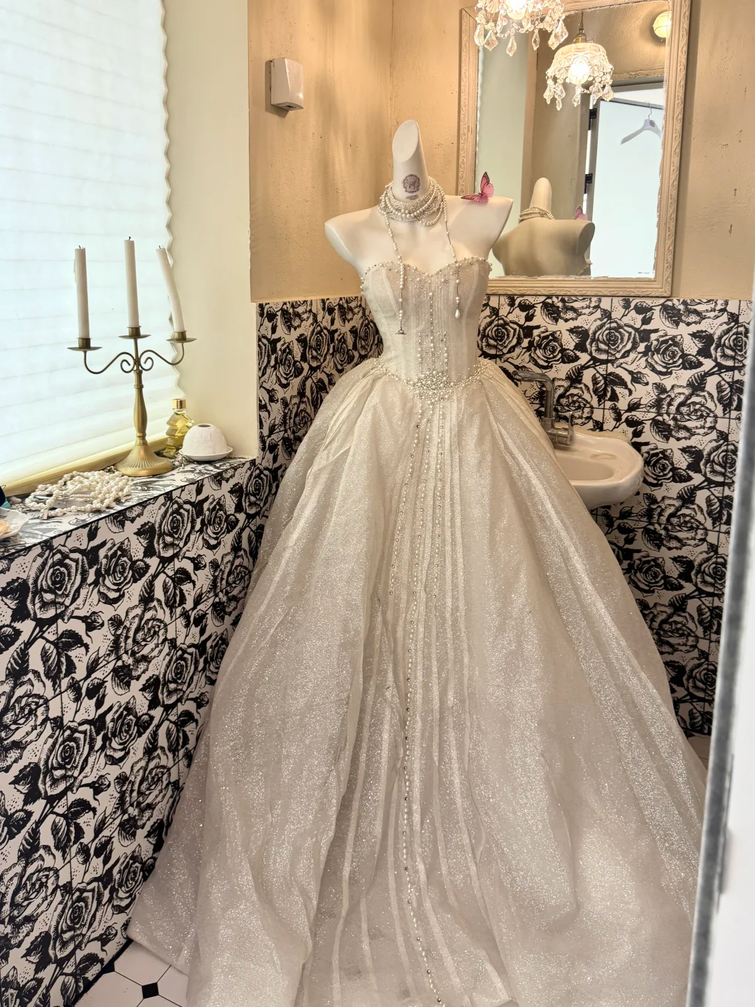 Beige Strapless Waist-Cinched Sequin & Bead Elegant Full Flared Romantic Dress, Wedding Gown gh7515