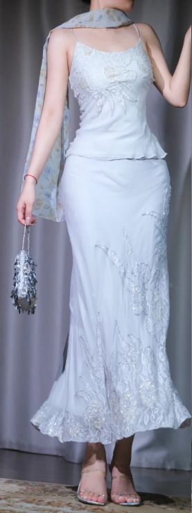 ✨Girlhomeshops-White Two Piece Mermaid Wedding Gown Spaghetti Strap Lace Beaded Bridal Dress gh10093