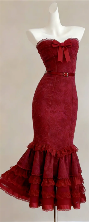 Strapless Sweetheart Burgundy Lace Mermaid Evening Gown with Satin Bow and Tiered Ruffle Hem gh9465