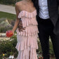 Rosa Chiffon Rüschen Langes Fließendes Elegantes Abendkleid Hochzeitsgast Partykleid Urlaubspartykleid gh3138