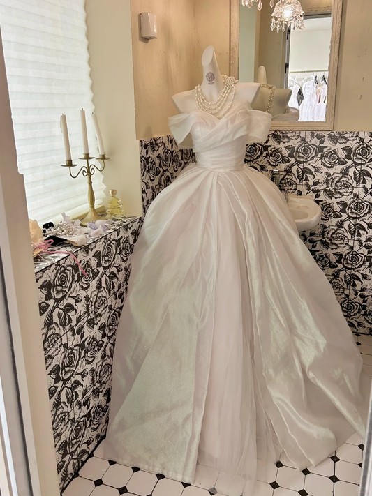 Ivory Off-the-Shoulder Waist-Cinched Voluminous Shimmer Skirt Long Romantic Dress, Wedding Gown gh7735