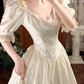 Off‑White Vintage Puff Sleeve Fitted Waist Full Flared Skirt Luxury Prom Gown, Wedding Dress gh8600
