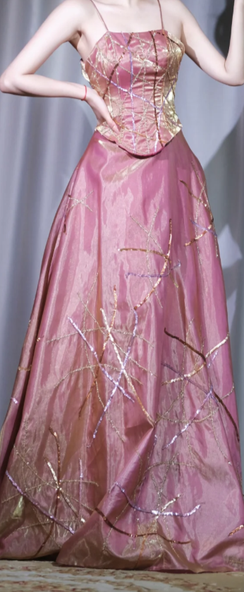 ✨Girlhomeshops-Spaghetti Strap Pink Gold Beaded Two Piece A-Line Long Prom Evening Gown gh10041