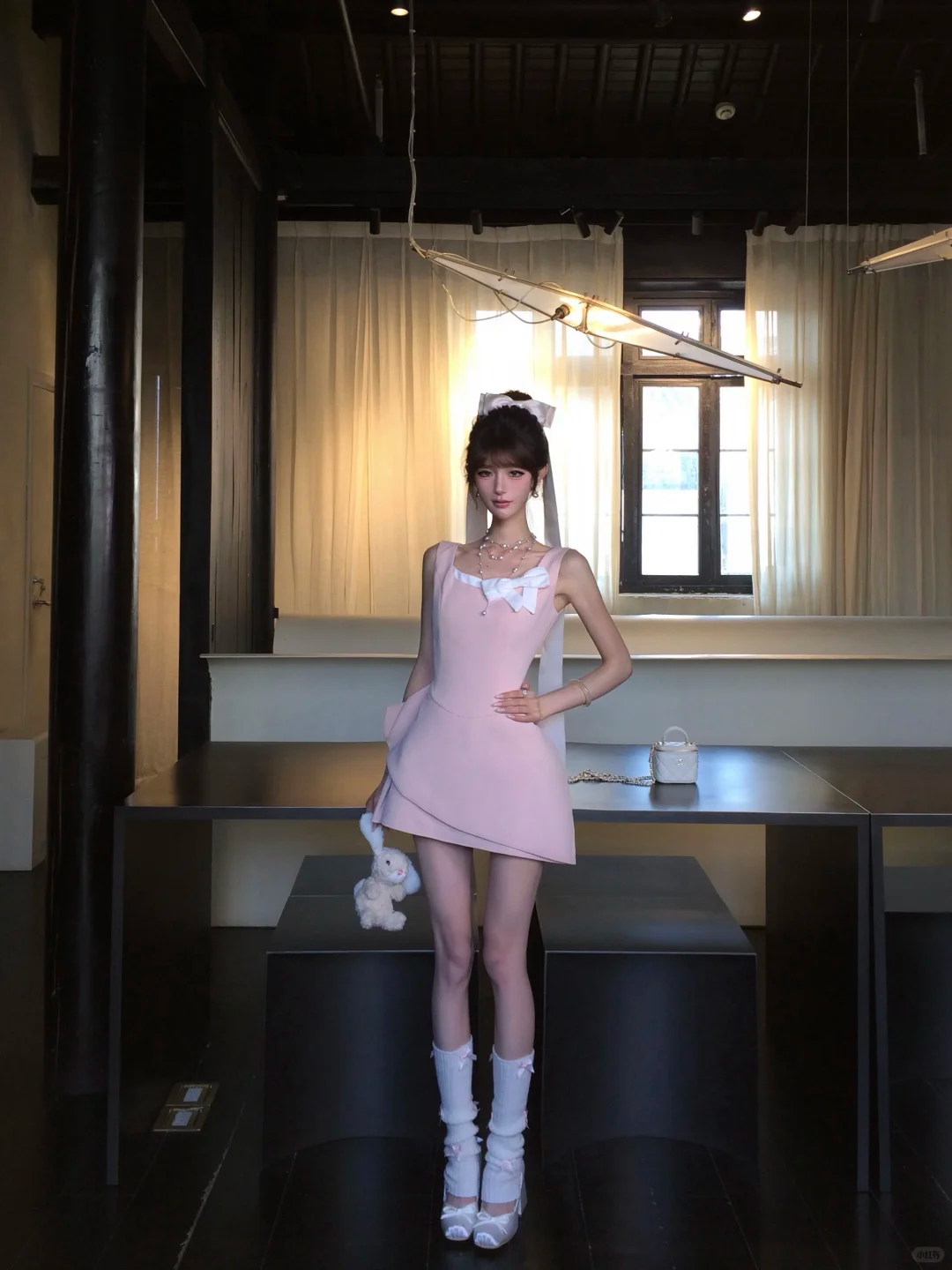 Women Sweet Light Pink Sleeveless Homecoming Dress Square Neck White Bow Asymmetric Ruffle Short Party Dress gh9415