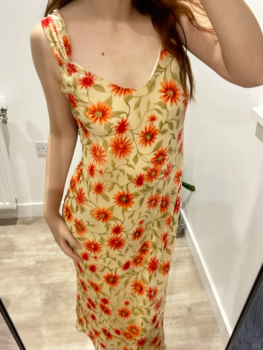 Light Yellow Vintage Small Sun Print Spaghetti Strap Fitted Waist Slim Long Prom & Evening Party Dress gh8445