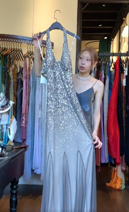 Halter Silver Grey Tulle Prom Dress V Neck Ombre Sequin Beaded Formal Evening Gown gh9812