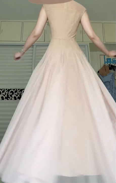 Nude Pink Sleeveless Evening Gown, 3D Floral Lace Tulle A‑Line Long Prom Dress With Cap Sleeve for Banquet Party gh8954