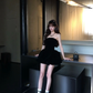 Women Retro Black Strapless Homecoming Dress Velvet High Waist Layered Ruffle Puffy Short Party Dress gh9429