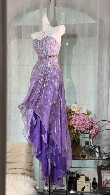 Lavender Strapless Sequin High Low Prom Dress, Beaded Waist Irregular Flowy Tulle Evening Gown, Sparkly Formal Party Dress gh9495