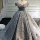 Silber Wunderschöne Glänzende Off-shoulder Pailletten Lange Prinzessin Bodenlangen Ballkleid Abendkleid Brautkleid gh3445