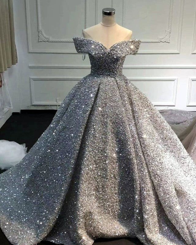 Silber Wunderschöne Glänzende Off-shoulder Pailletten Lange Prinzessin Bodenlangen Ballkleid Abendkleid Brautkleid gh3445