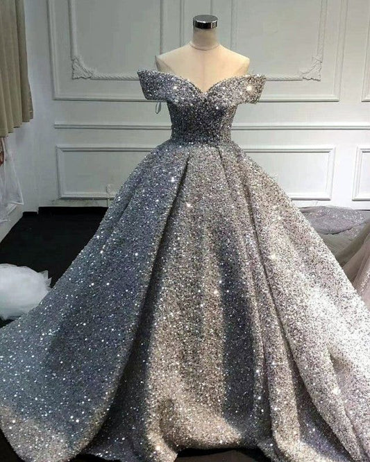 Silber Wunderschöne Glänzende Off-shoulder Pailletten Lange Prinzessin Bodenlangen Ballkleid Abendkleid Brautkleid gh3445