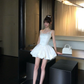 Women Elegant White Spaghetti Strap Homecoming Dress Lace Neck Boned Corset Bubble Puff Short Party Dress gh9432