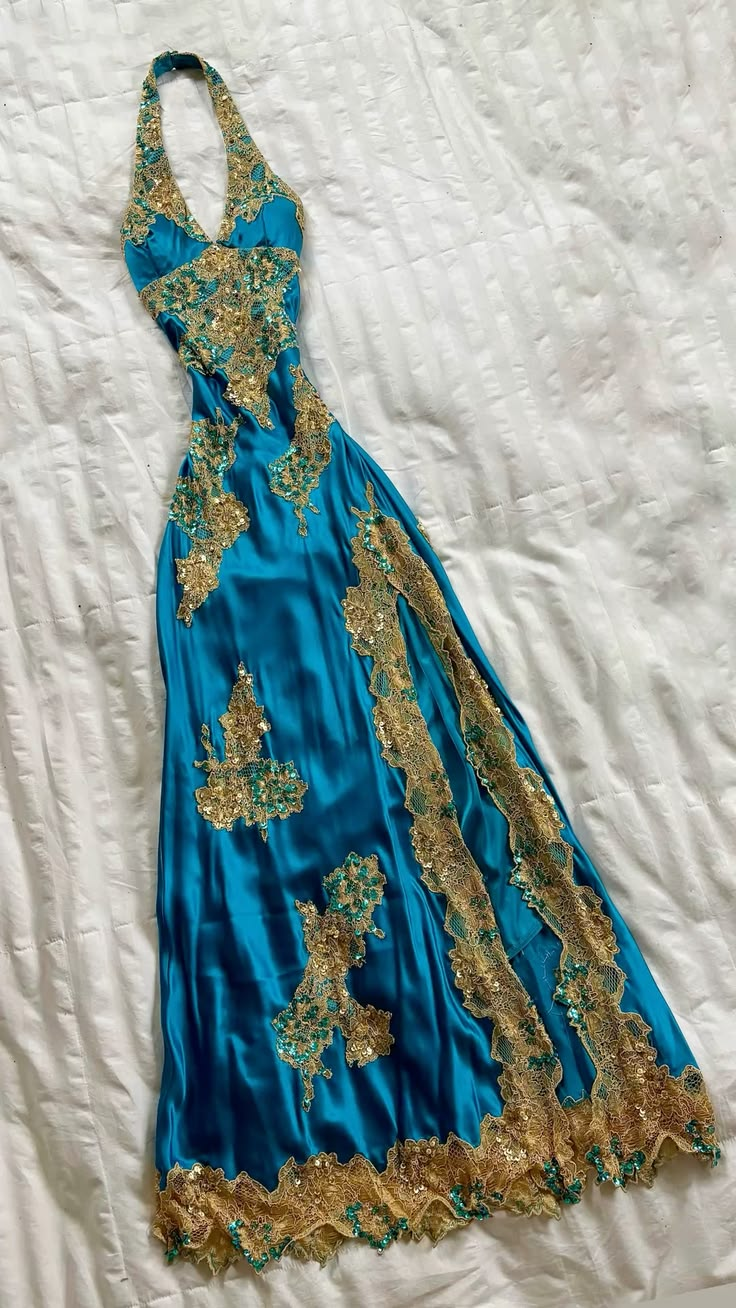 ✨Girlhomeshops-Teal Gold Lace Sequin Mermaid Formal Evening Gown gh10237