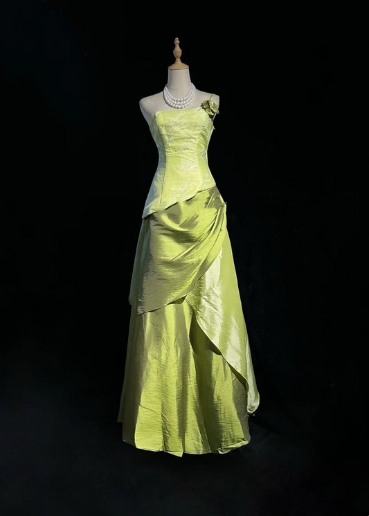 ✨Girlhomeshops-Olive Green Single Strap Taffeta Vintage Evening Gown with 3D Floral gh10153