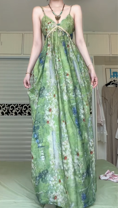 Green Oil‑Painting Landscape Print Spaghetti Strap Long Evening Gown, V‑Neck Empire Waist Flowy A‑Line Formal Prom Dress gh8998