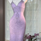 Lavender V-Neck Spaghetti Strap Vintage Geometric Beaded Bodycon Midi Evening Dress gh9523