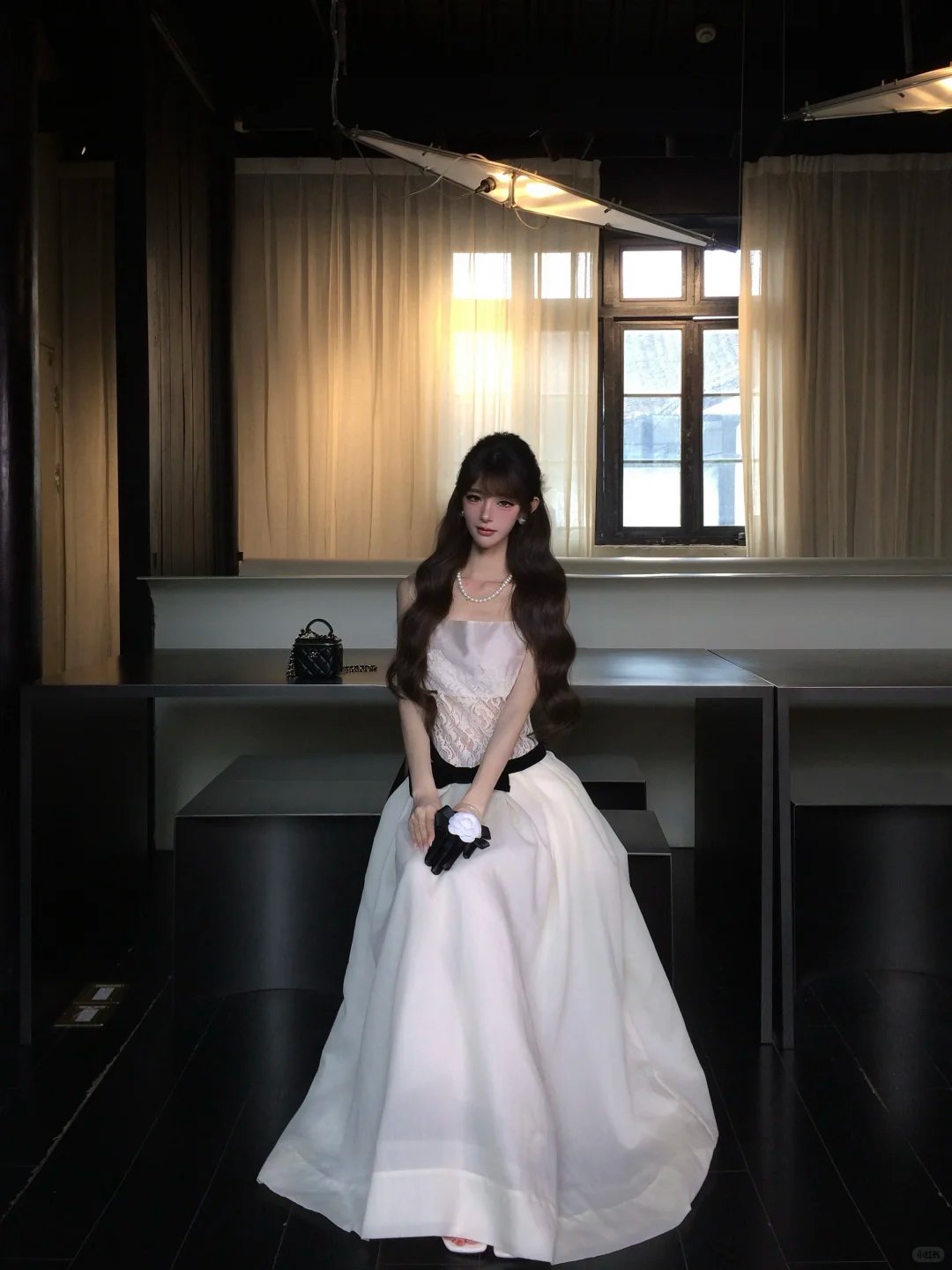 White Strapless Lace Long Evening Dress with Black Bow gh9413