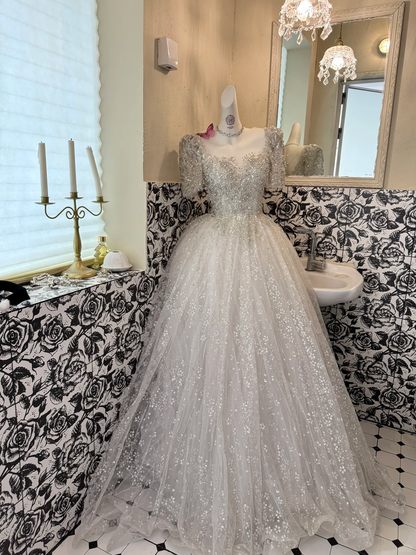 Ivory Wedding Dress with Silver Sequin Decorations, Fairy Princess Full Skirt Romantic Gown, Bridal Gown gh7525