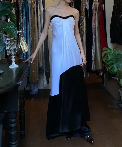 Black White Vintage Prom Dress Strapless Black Trim Ruched Draped Bodice Asymmetric Color Block Chiffon Satin Long Evening Gown gh9630