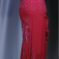 Red V Neck Beaded Evening Dress, 3D Floral Chiffon Gown with Shawl & High Slit gh9910