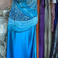 Strapless Blue Chiffon Prom Dress with Hand Beaded Rhinestone Ruched Bodice High Slit Tiered Ruffle gh9771