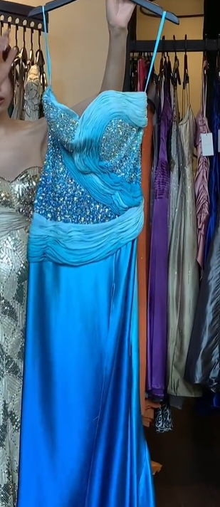 Strapless Blue Chiffon Prom Dress with Hand Beaded Rhinestone Ruched Bodice High Slit Tiered Ruffle gh9771