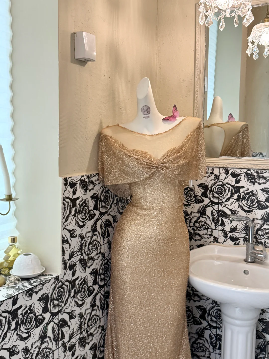 Gold Sequin Cape Collar Waist-Cinched Fitted Elegant Romantic Dress, Wedding Gown gh7526