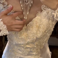White Vintage Mermaid Wedding Gown, High Neck Illusion Long Sleeve Lace Beaded Appliqué Ruffled Tulle Train Bridal Dress gh9065