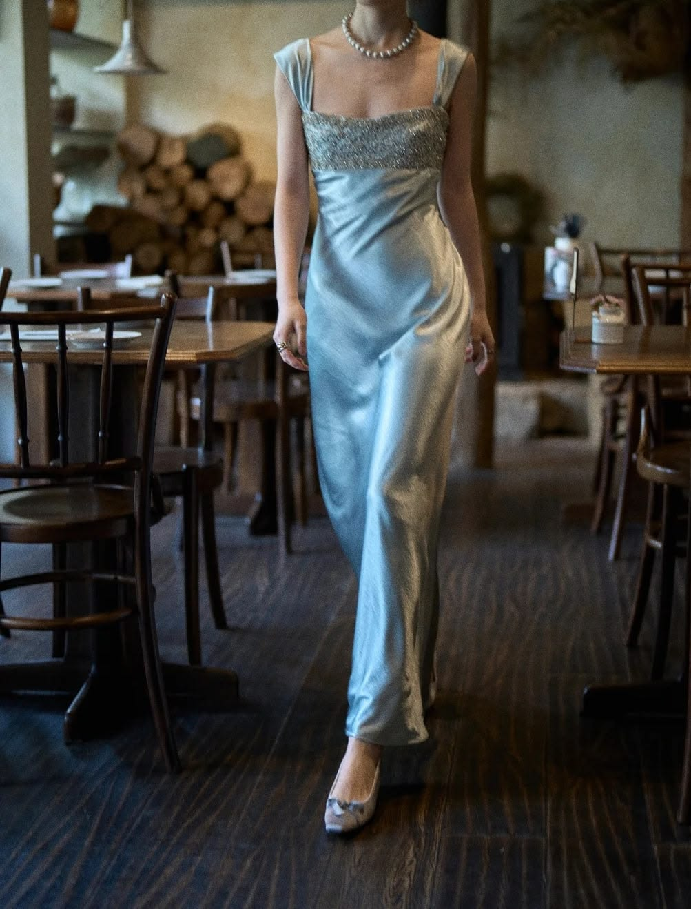 ✨Girlhomeshops-Light Ice Blue Wide Strap Rhinestone Beaded Satin Midi Formal Gown gh10267