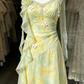 Yellow-Green Floral Spaghetti Straps Waist-Cinched Fitted Long Evening Dress, Fairy Gown, Romantic Gown gh7434