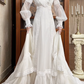 Ivory Vintage Lace Wedding Gown, Mock Neck Illusion Lace Keyhole V‑Neck, Puff Lantern Long Sleeves With Ruffle Cuffs, High Waist Lace Trim Long Train, Tiered Ruffle Flared Skirt, Prom Dress gh8656