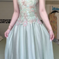Sage Green Sleeveless Long Evening Gown, Round Neck 3D Floral Embroidery Beaded Bodice Pearl Rhinestone Waistband A‑Line Tulle Prom Dress gh8971
