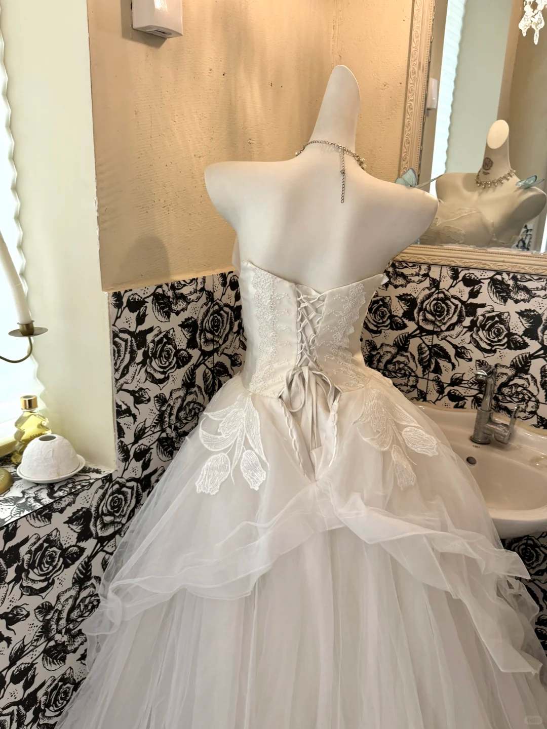 White Strapless Printed Waist-Cinched Puffy Skirt Romantic Dress, Wedding Gown gh7569