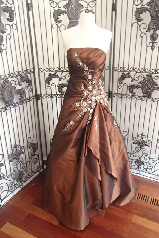 Wunderschönes Vintage-Abendkleid aus Satin mit exquisiter Applikation, langes, elegantes Ballkleid, braun, gh3313