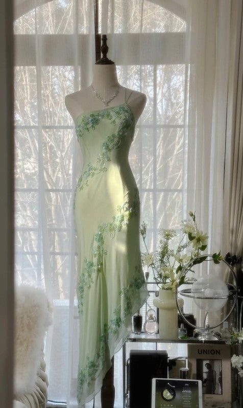 Hellgrünes, modisches One-Shoulder-Elegantes, exquisites Blumenmuster mit Perlen verziertes, langes, figurbetontes Chiffon-Ballkleid, Abendkleid, Partykleid, Ballkleid gh3626