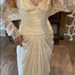 Ivory White Vintage Greek Wedding Gown, V‑Neck Lace Slip With Lace Long‑Sleeve Bolero Ruched Waist Draped Chiffon Bridal Dress gh9075