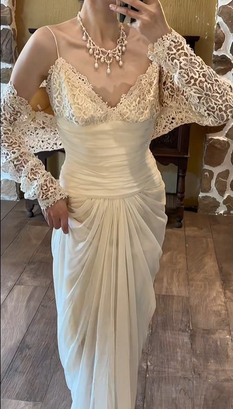 Ivory White Vintage Greek Wedding Gown, V‑Neck Lace Slip With Lace Long‑Sleeve Bolero Ruched Waist Draped Chiffon Bridal Dress gh9075